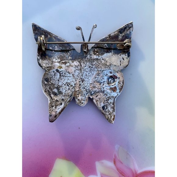 Vintage 1970s Mexico Alpaca Silver Abalone Shell Butterfly brooch. - Picture 3 of 7